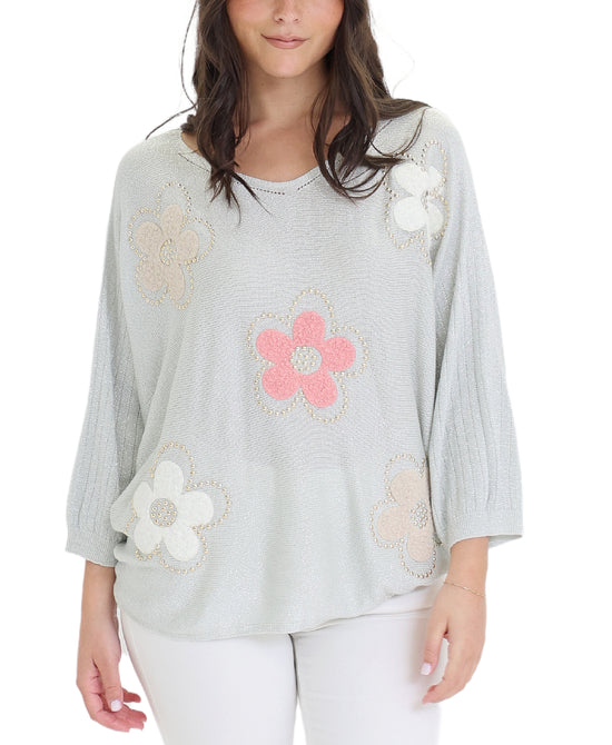 Shimmer Knit Top w/ Flowers & Studs view 1