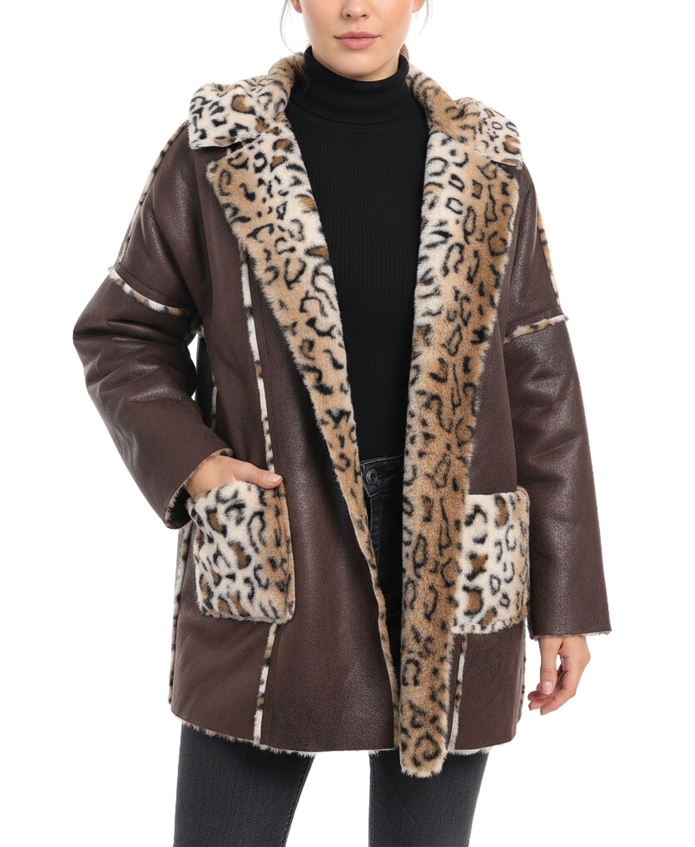 Faux Leather & Leopard Trim Jacket w/ Hood view 2