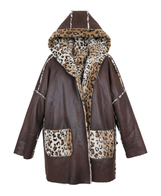 Faux Leather & Leopard Trim Jacket w/ Hood view 