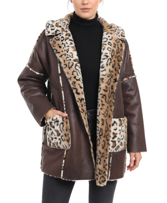 Faux Leather & Leopard Trim Jacket w/ Hood view 
