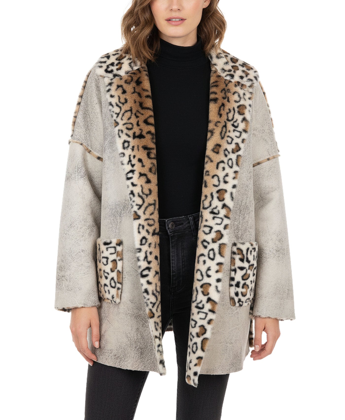 Faux Leather & Leopard Trim Jacket w/ Hood view 4