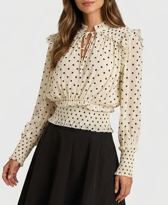 
Polka Dot Blouse w/ Ruffle Detail in CREAM/BLACK view 1