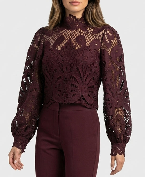 
Sheer Crochet Lace Top in PLUM view 1