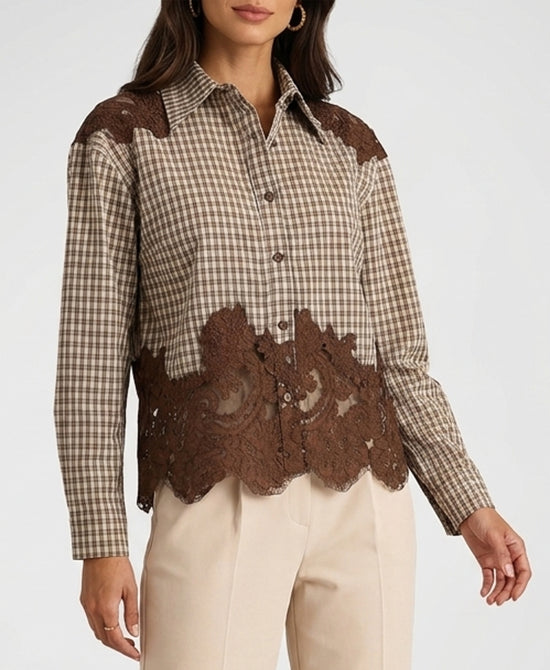 
Plaid Blouse w/ Lace Trim in IVORY/BROWN view 1