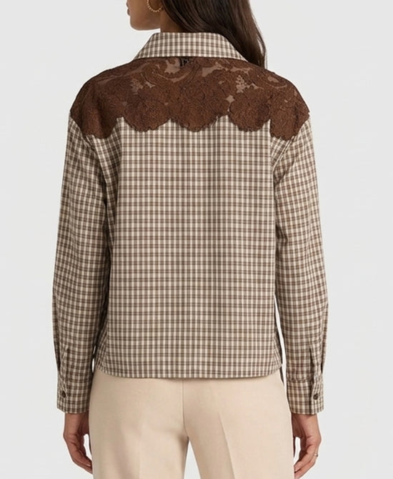 
Plaid Blouse w/ Lace Trim in IVORY/BROWN view 2