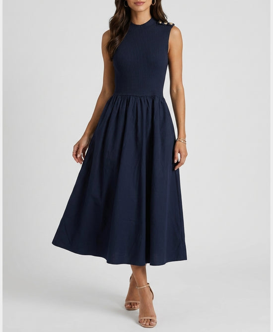 
Knit Combo Maxi Dress w/ Gold Button Detail in NAVY view 1