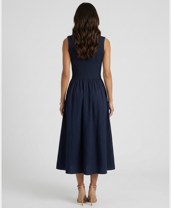
Knit Combo Maxi Dress w/ Gold Button Detail in NAVY view 2