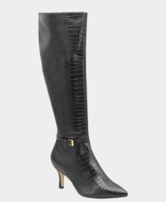 Faux Leather Croc-Print Knee High Buckle Boot view 