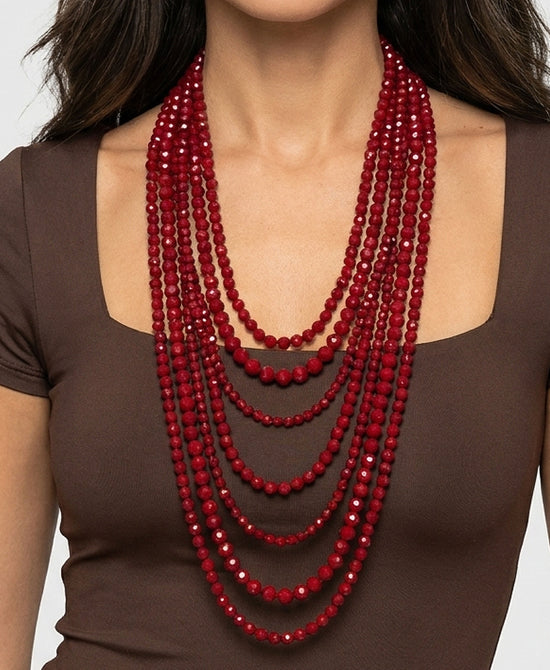 
Long Multi Strand Beaded Necklace in RED view 1