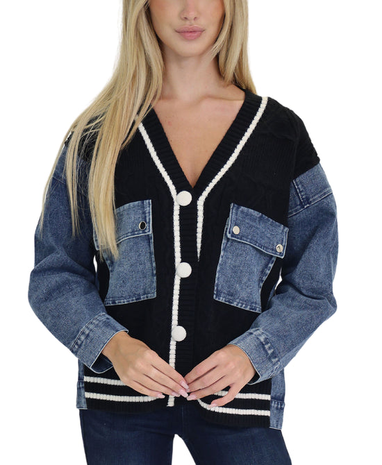 Mixed Media Denim & Knit Cardigan view 