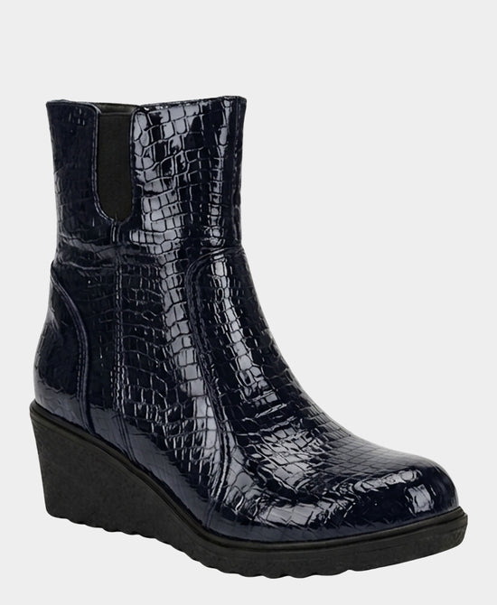 
Patent Leather Croc Print Wedge Bootie in NAVY view 1