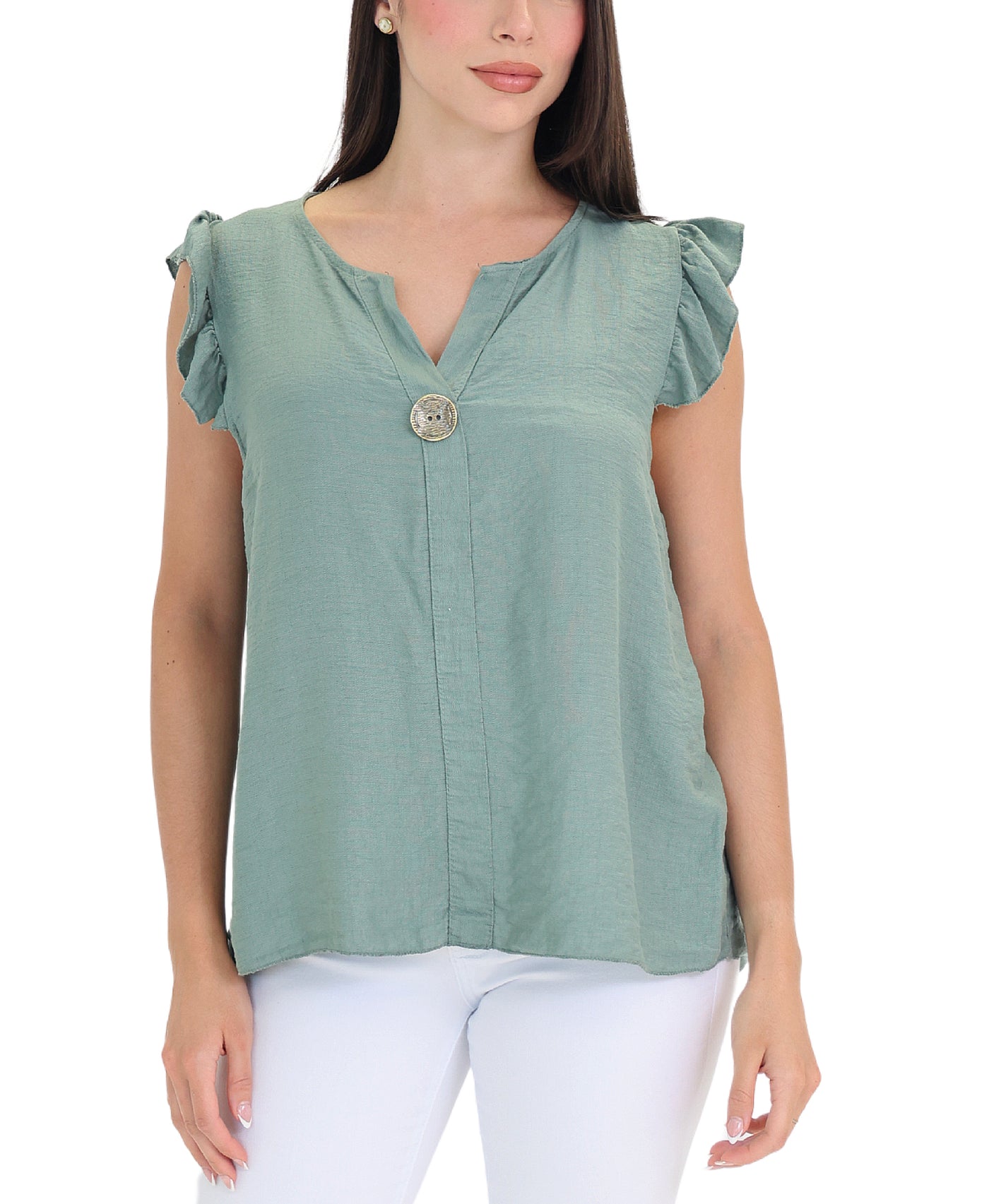 Ruffle Sleeve Top w/ Button Detail view 1