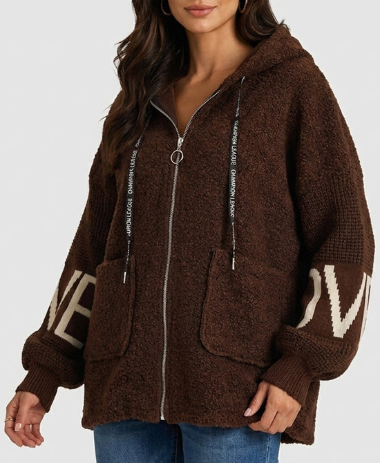 
"LOVE" Hi-Lo Hooded Jacket in BROWN view 1