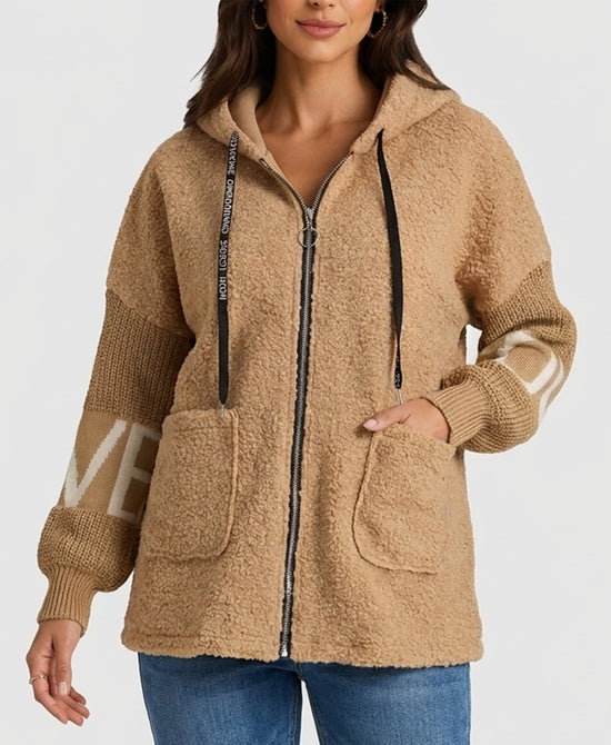 
"LOVE" Hi-Lo Hooded Jacket in CAMEL view 1