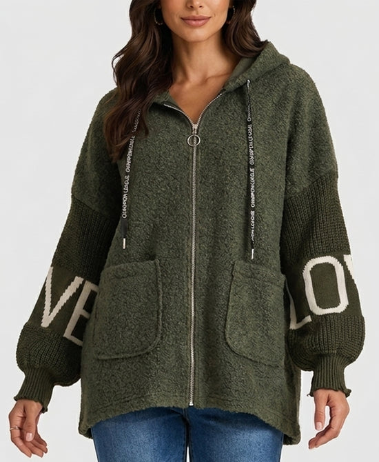 
"LOVE" Hi-Lo Hooded Jacket in OLIVE view 1