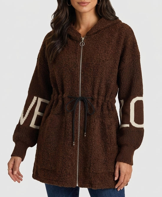 
"LOVE" Hi-Lo Drawstring Jacket in BROWN view 1