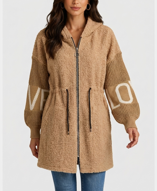 
"LOVE" Hi-Lo Drawstring Jacket in CAMEL view 1