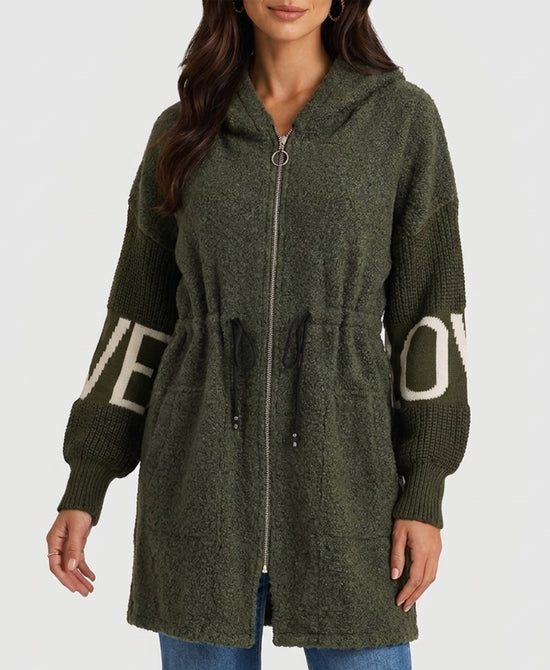 
"LOVE" Hi-Lo Drawstring Jacket in OLIVE view 1