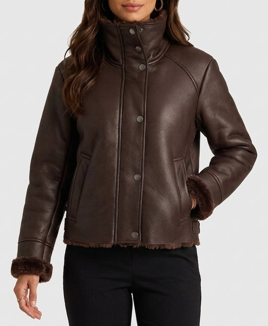 
Faux Leather Jacket w/ Faux Fur Lining in BROWN view 1