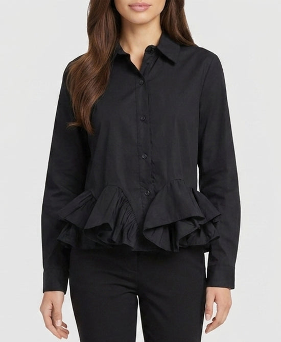 
Button Front Blouse w/ Ruffle hem in BLACK view 1