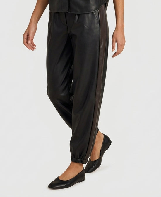 
Faux Leather Jogger Pants w/ Contrast Side in BLACK/BROWN view 1