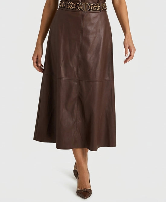 
Faux Leather Skirt w/ Belt in BROWN view 1