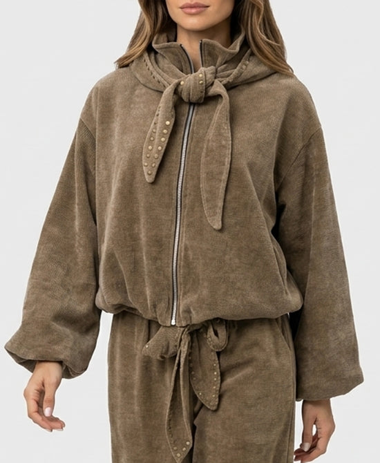 
Chenille Knit Zip Up w/ Studs in TAUPE view 1