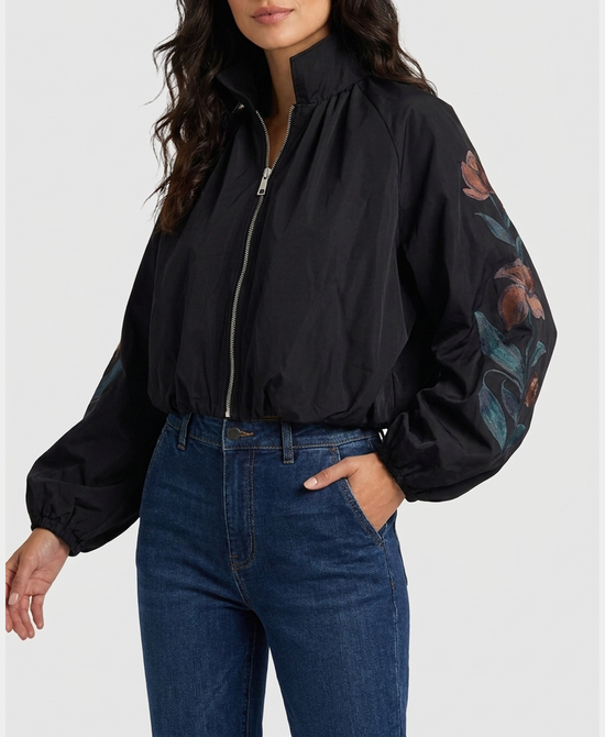 
Bubble Bottom Jacket w/ Floral Print Sleeves in BLACK view 1