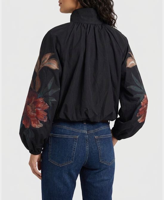 
Bubble Bottom Jacket w/ Floral Print Sleeves in BLACK view 2