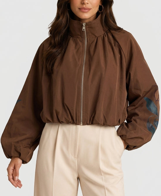 
Bubble Bottom Jacket w/ Floral Print Sleeves in BROWN view 1
