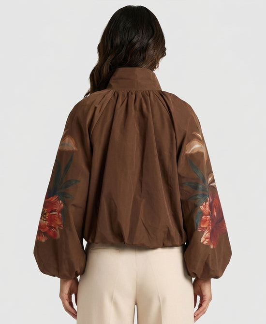
Bubble Bottom Jacket w/ Floral Print Sleeves in BROWN view 2