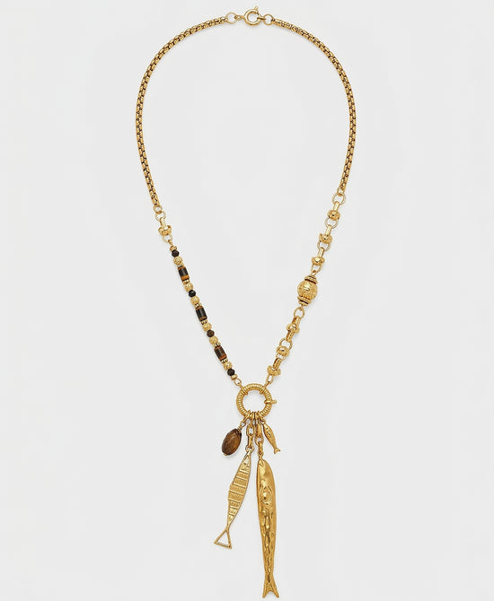 
Natural Stone Charm Fish Necklace in GOLD/BROWN view 2