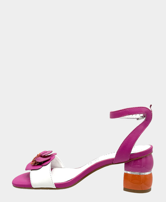 
Leather Color Block Flower Heeled Sandal in FUCHSIA/ORANGE/WHITE view 2