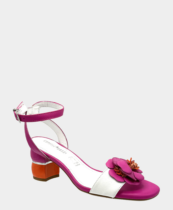 
Leather Color Block Flower Heeled Sandal in FUCHSIA/ORANGE/WHITE view 1