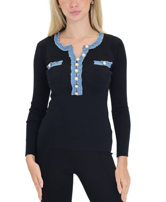 Knit Top w/ Denim Trim view 