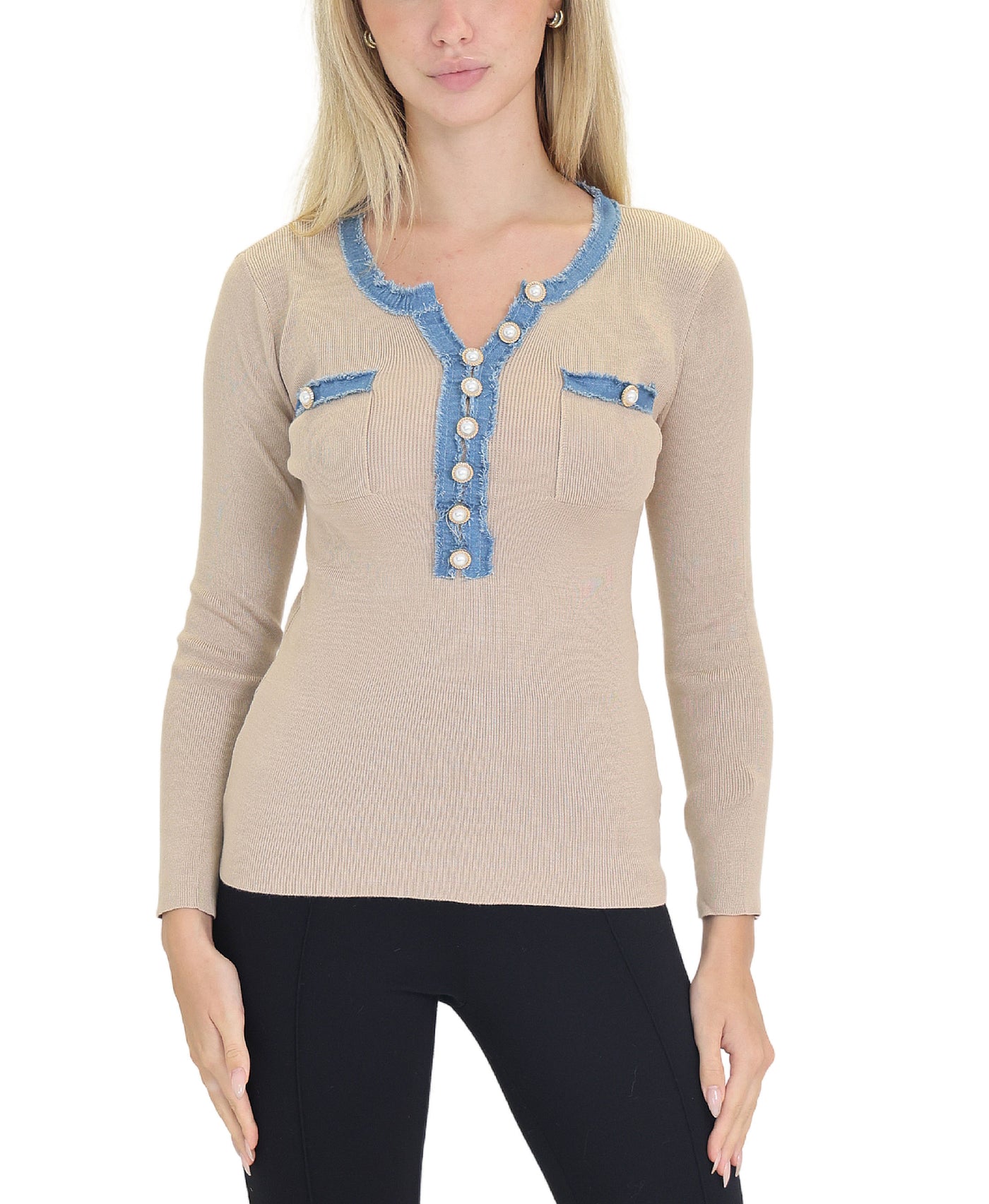Knit Top w/ Denim Trim view 1