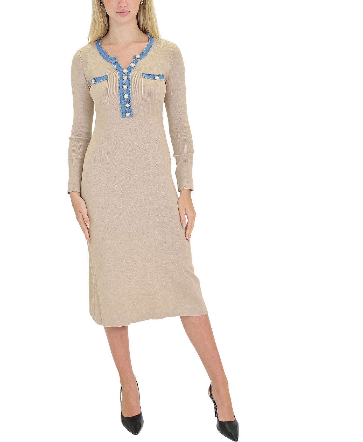 Knit Midi Dress w/ Denim Trim view 1