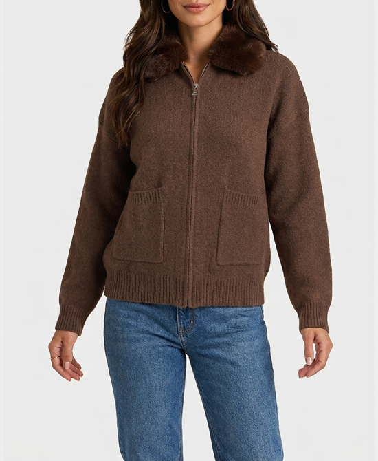 
Zip Up Sweater w/ Faux Fur Trim Hood in BROWN view 1