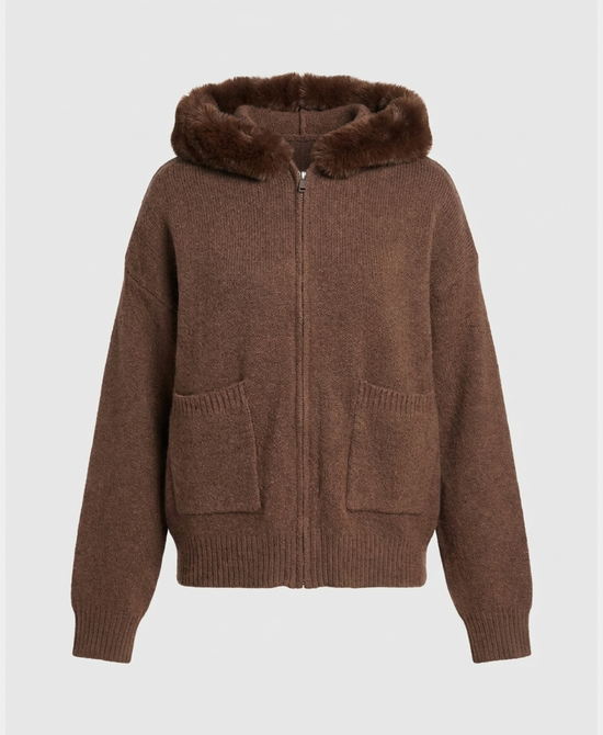 
Zip Up Sweater w/ Faux Fur Trim Hood in BROWN view 2