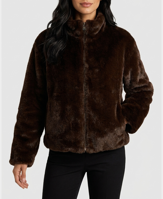 
Reversible Faux Fur & Quilted Jacket in BROWN view 1