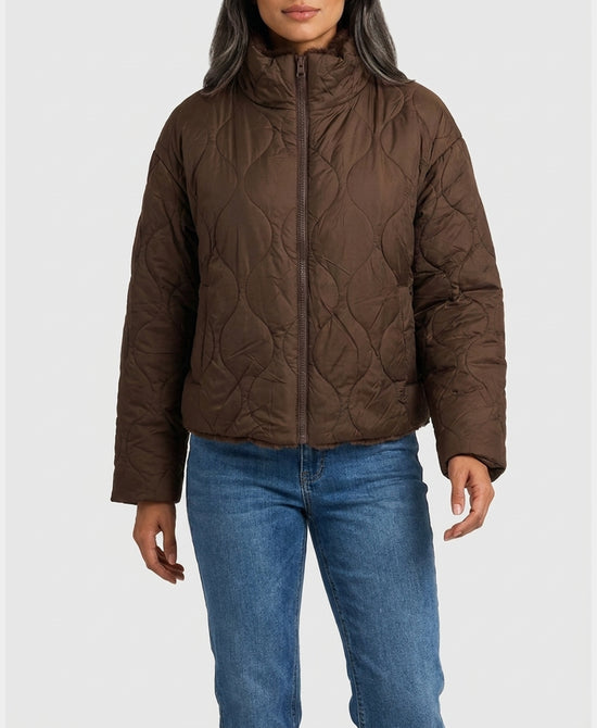 
Reversible Faux Fur & Quilted Jacket in BROWN view 2