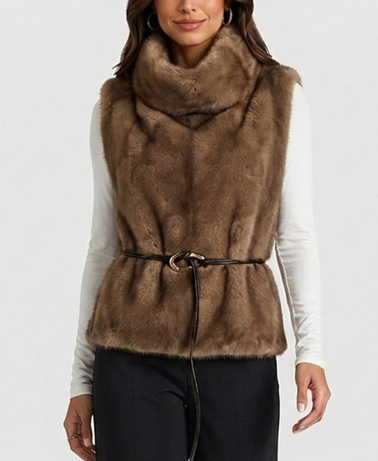 
Faux Fur Vest w/ Belt in TAUPE view 1