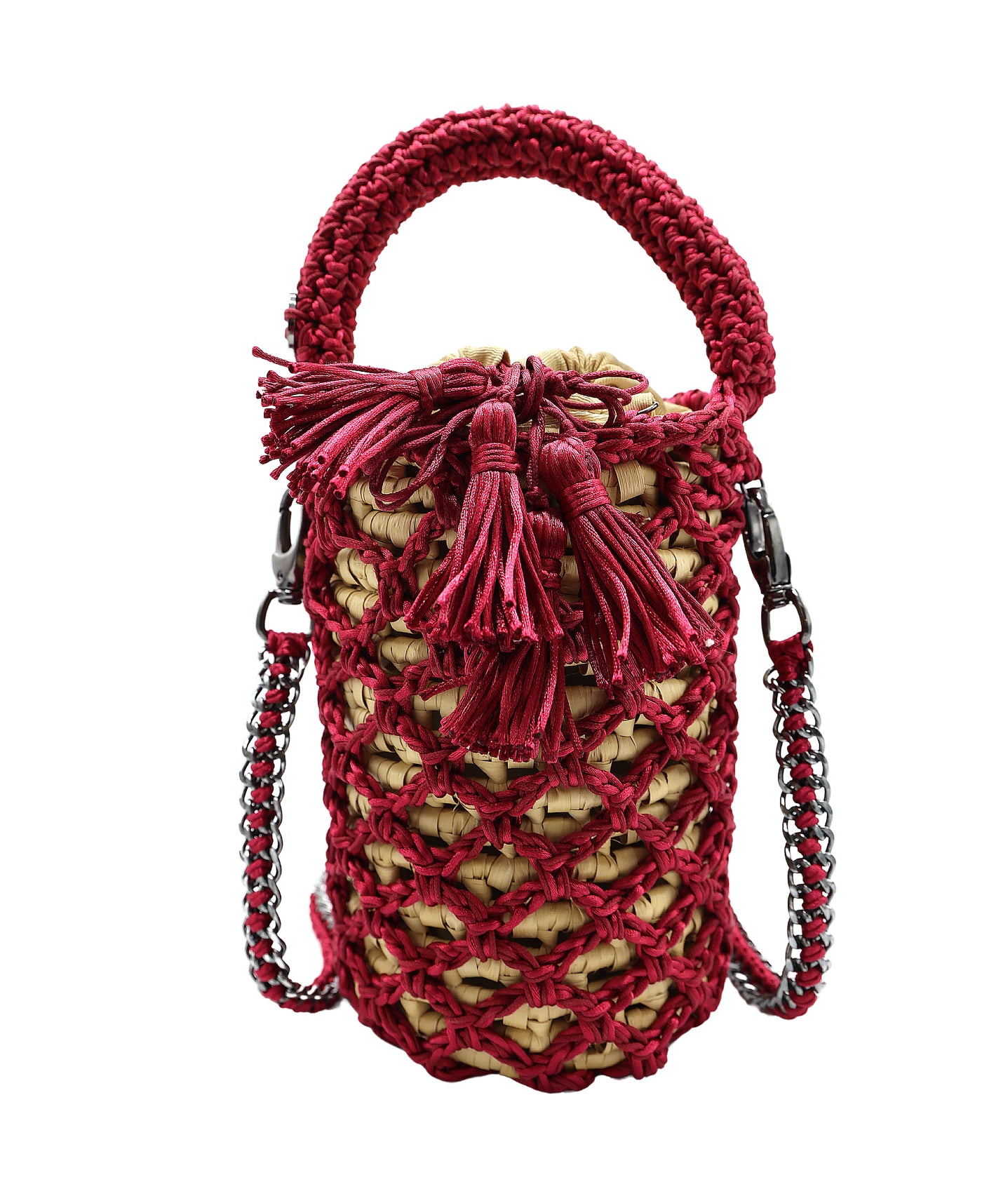 Crochet & Straw Round Bucket Bag view 1