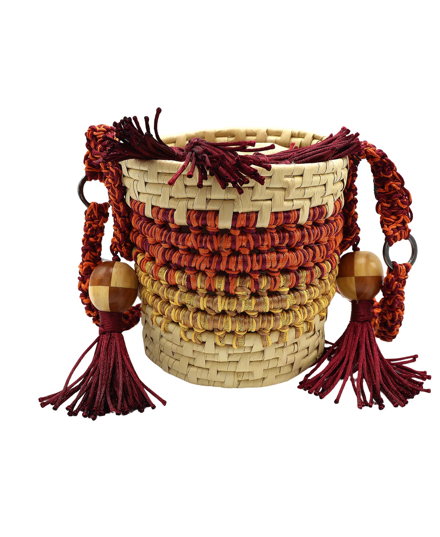 Crochet & Straw Bucket Bag w/ Tassels view 1