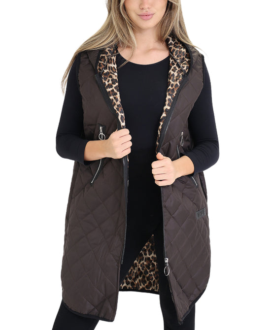 Quilted Hooded Vest w/ Leopard Lining view 