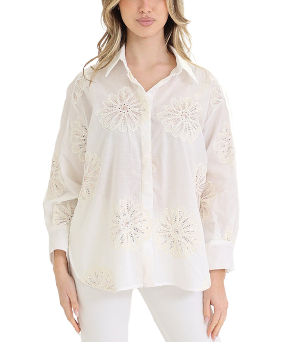 Button Front Top w/ Embroidered Flowers view 