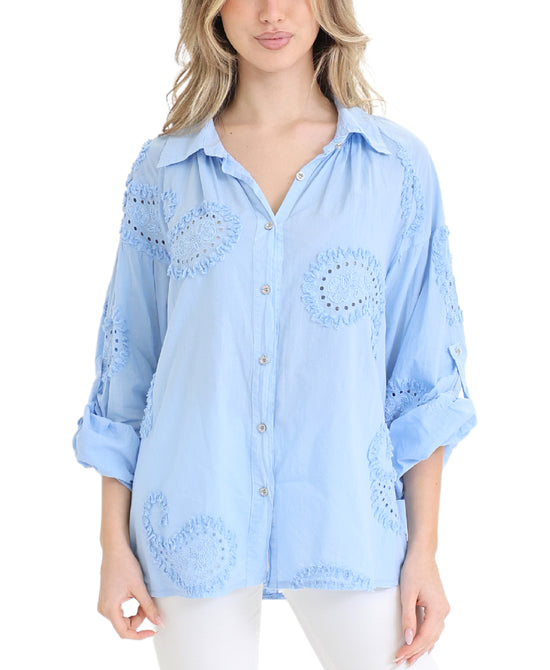 Textured Heart Print & Eyelet Top view 