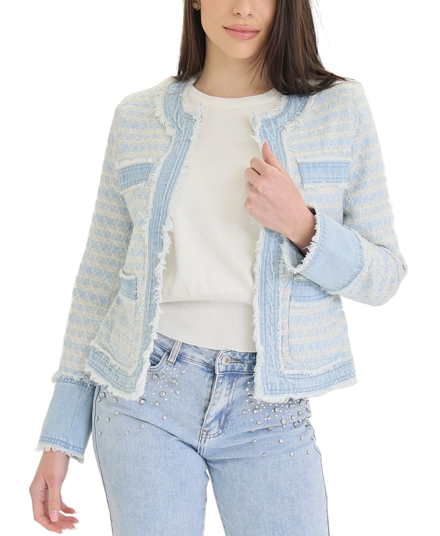 Tweed Blazer w/ Frayed Denim Trim view 1