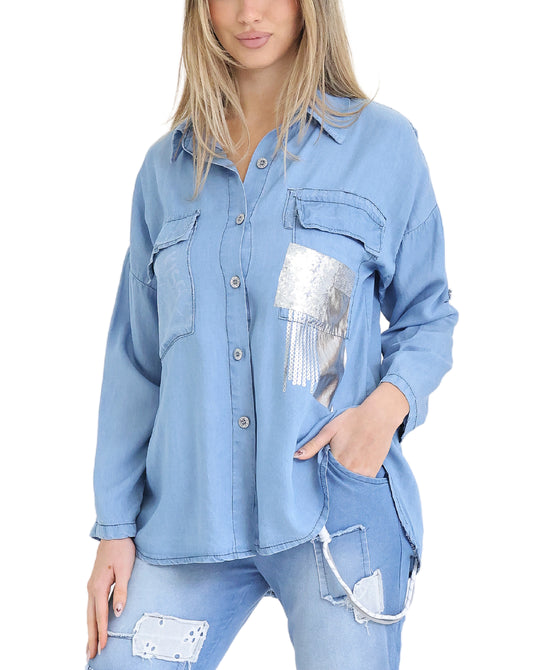 Denim Shirt w/ Sequin & Metallic Detail view 