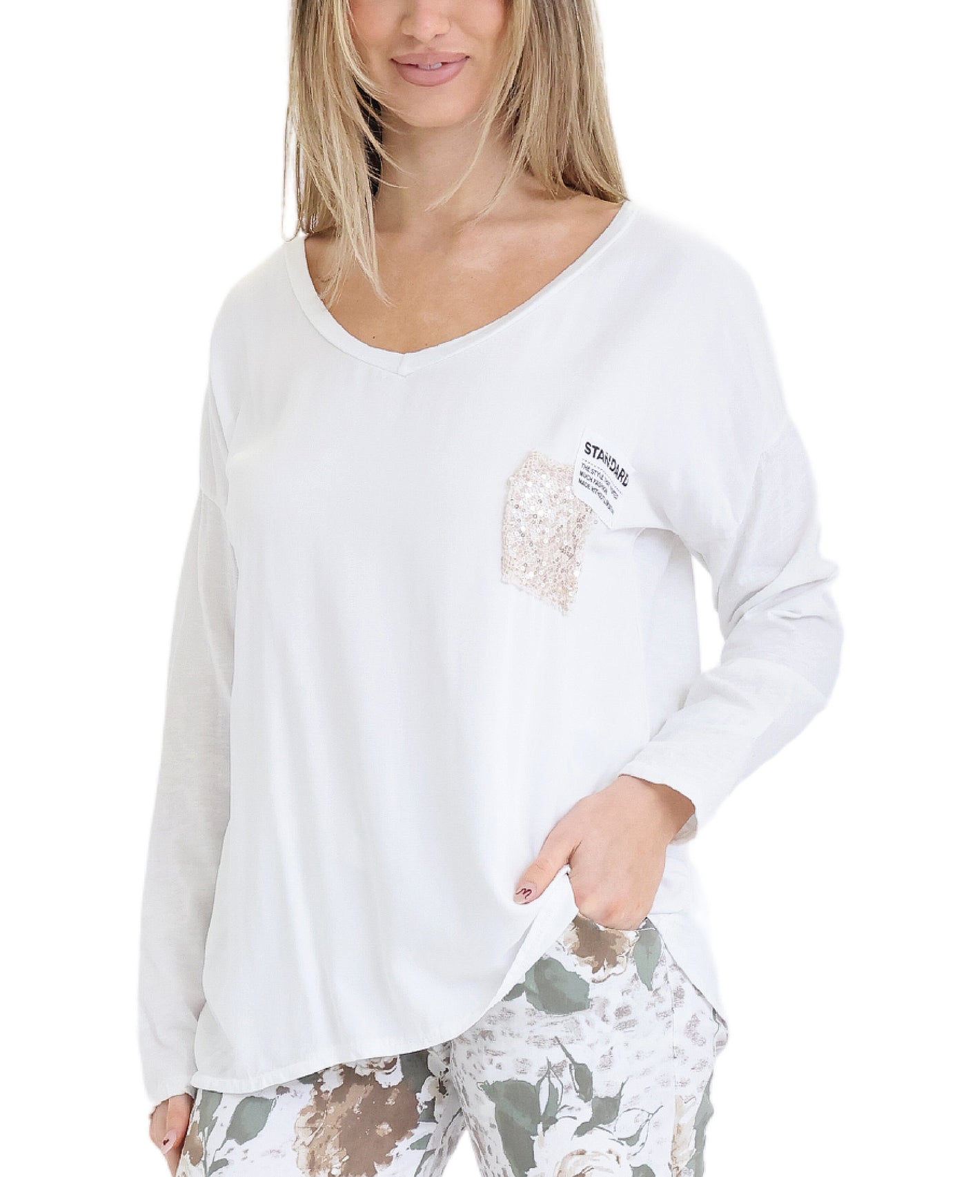 V-Neck Top w/ Sequin Patch view 1